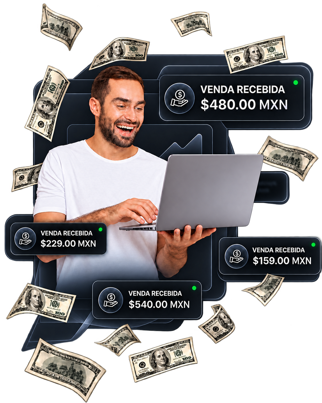 Empreendedor sorrindo com notebook recebendo vendas